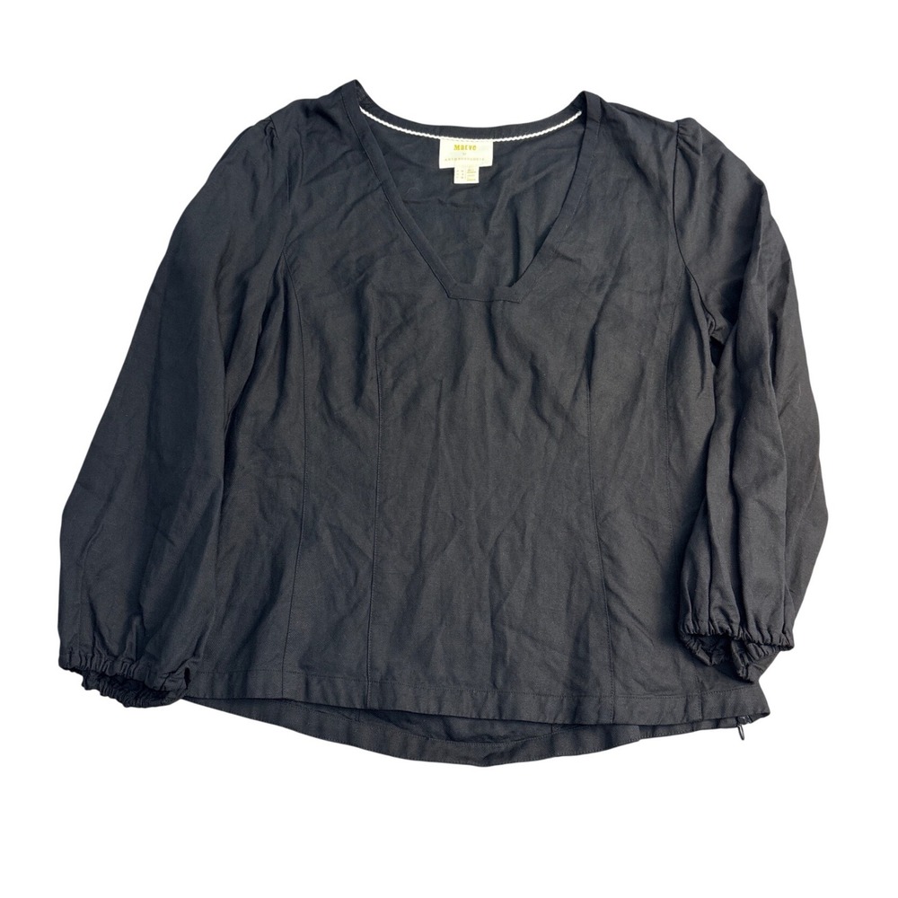 Maeve by Anthropologie Black Split V-Neck Long Sleeve Blouse Size 6 Side Zip